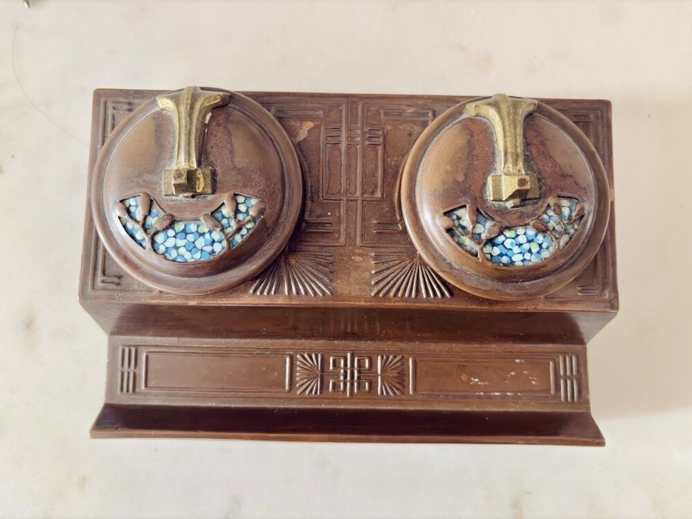 Arts & Crafts Art Nouveau German Secessionist Copper brass enamel double inkwell